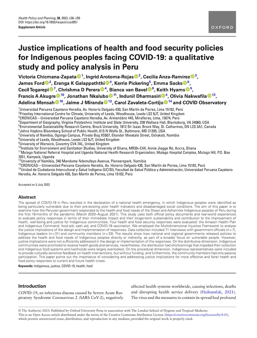 Justice implications of health and food security policies for Indigenous peoples facing COVID-19: a qualitative study and policy analysis in Peru