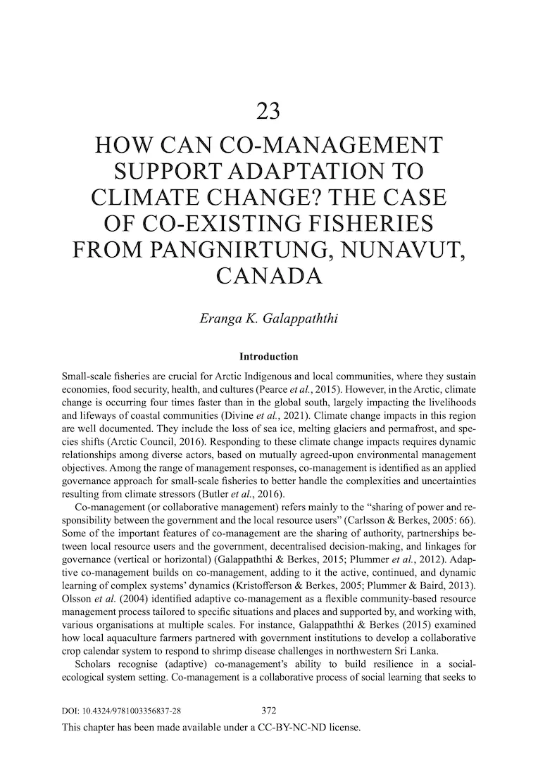 How can co-management support adaptation to climate change? The case of co-existing fisheries from Pangnirtung, Nunavut, Canada