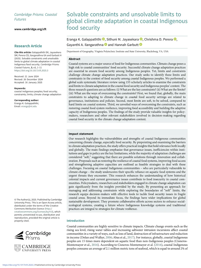 Solvable constraints and unsolvable limits to global climate adaptation in coastal Indigenous food security
