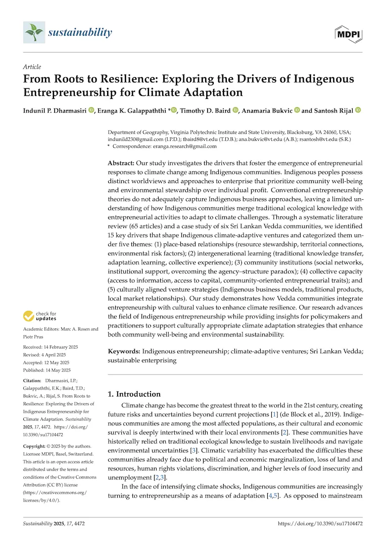 From Roots to Resilience: Exploring the Drivers of Indigenous Entrepreneurship for Climate Adaptation. Sustainability