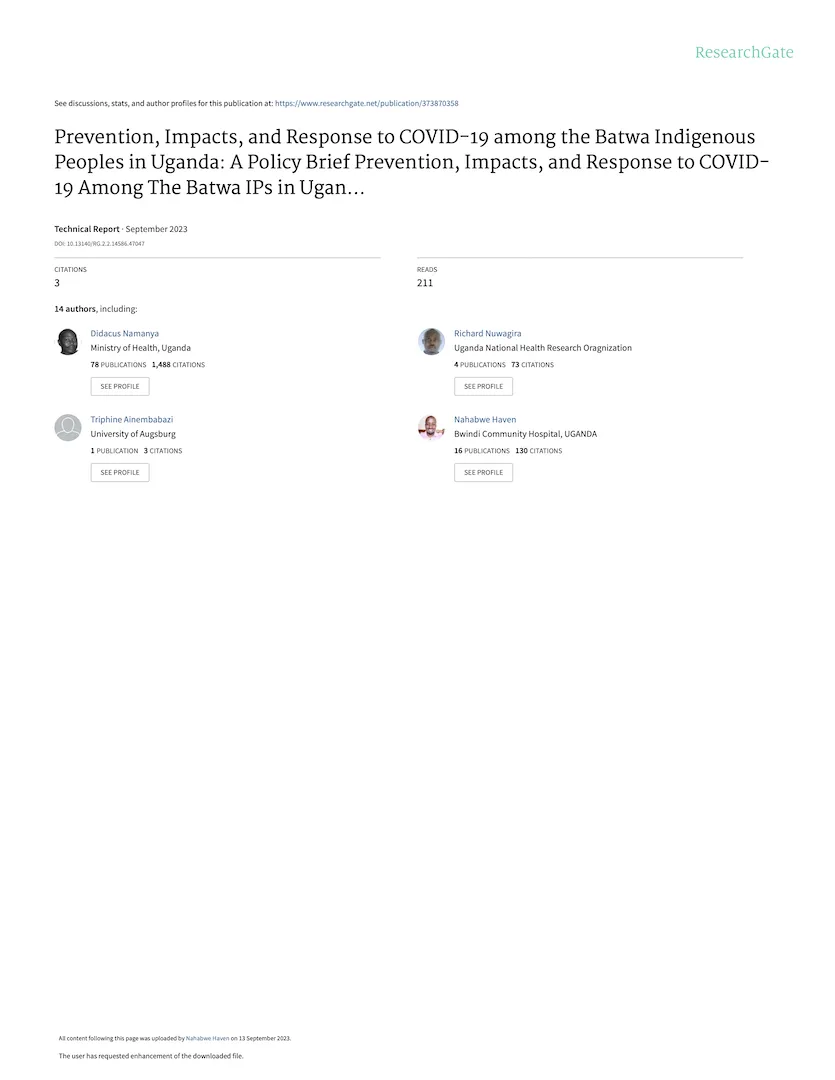 Prevention, Impacts, and Response to COVID-19 among the Batwa Indigenous Peoples in Uganda: A Policy Brief.