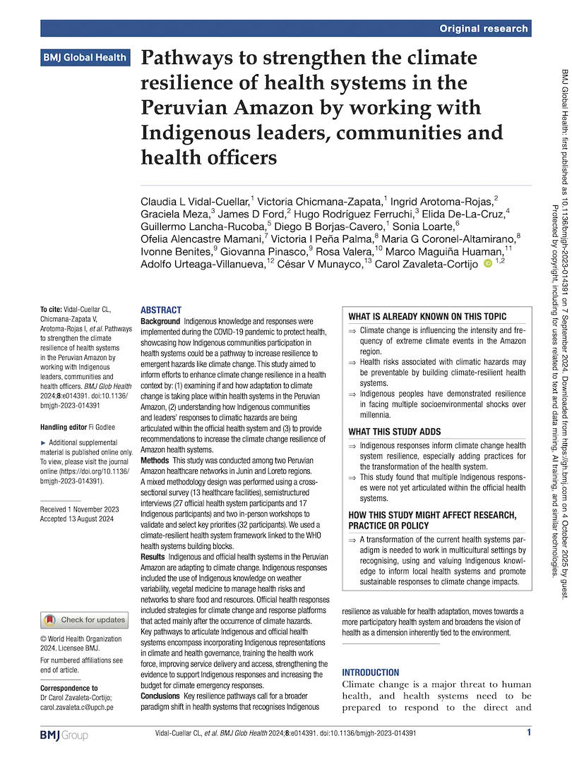 Pathways to strengthen the climate resilience of health systems in the Peruvian Amazon by working with Indigenous leaders, communities and health officers