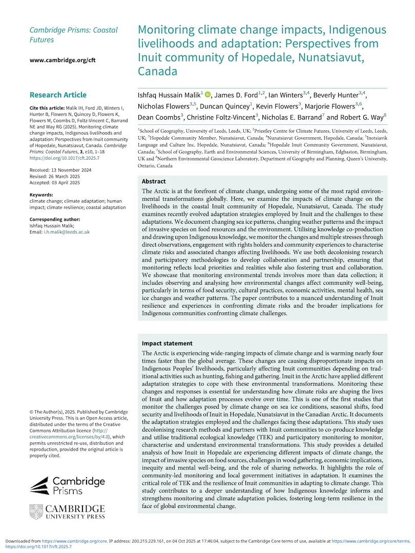 Monitoring climate change impacts, Indigenous livelihoods and adaptation: Perspectives from Inuit community of Hopedale, Nunatsiavut, Canada