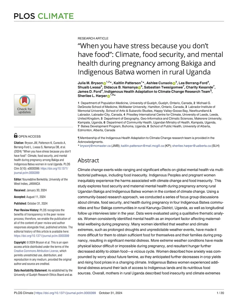 “When you have stress because you don’t have food”: Climate, food security, and mental health during pregnancy among Bakiga and Indigenous Batwa women in rural Uganda